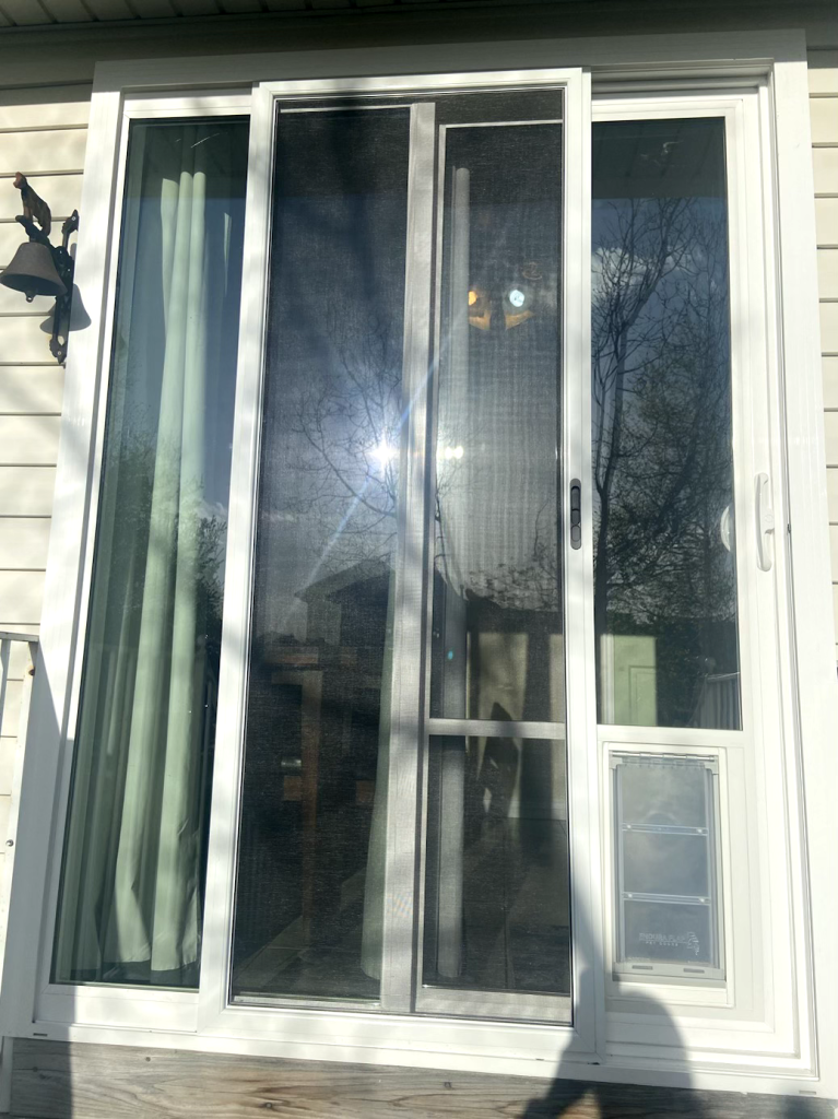 Sliding door with screen and curtains