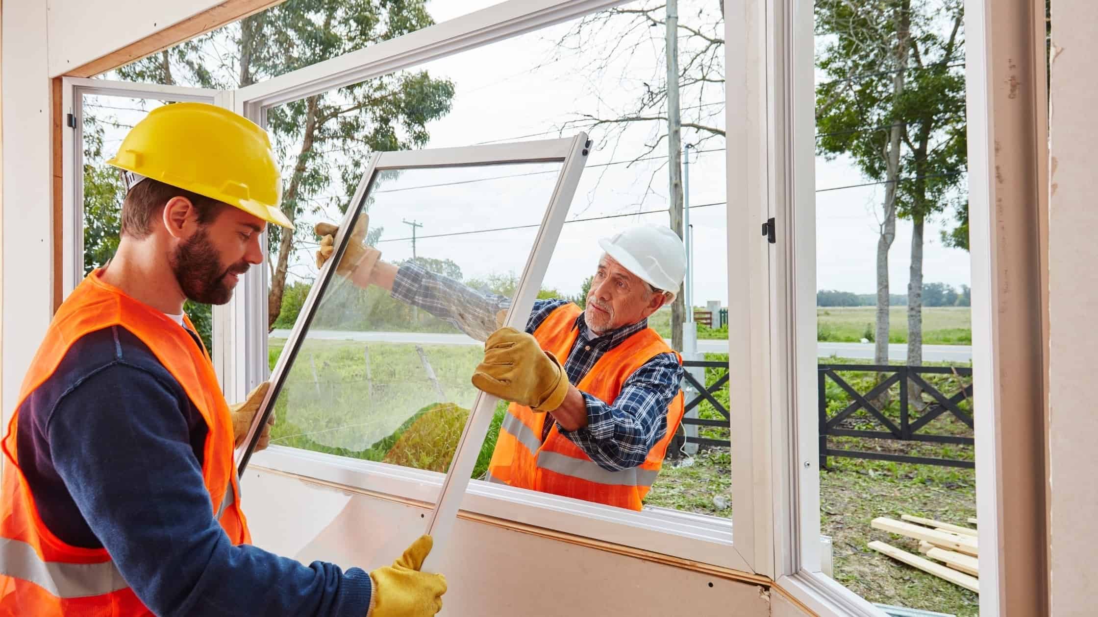 Workers installing a large window with safety gear in a home.