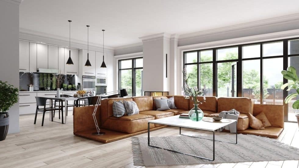 Modern living room with large NTY windows, natural light, and stylish furniture.