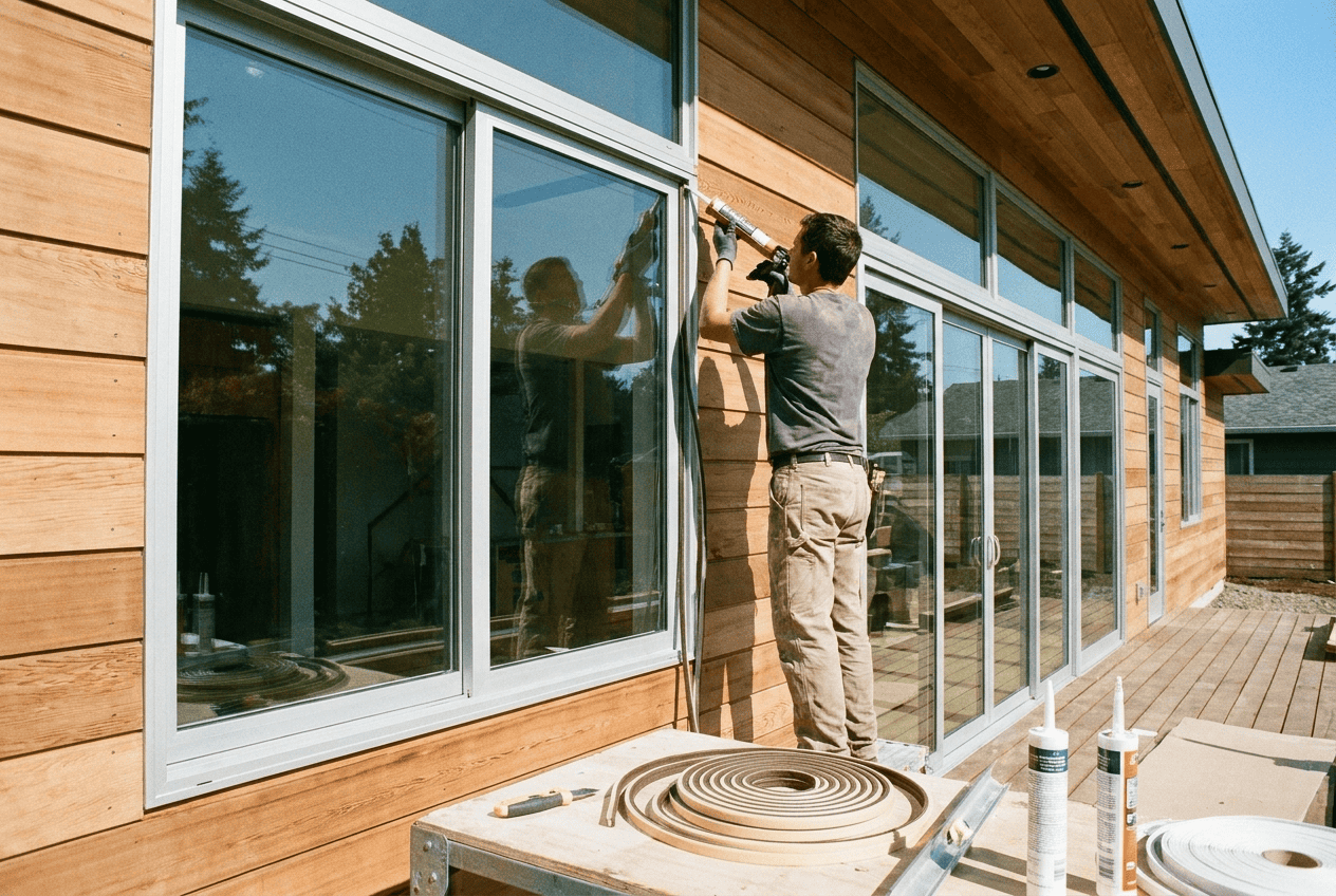 Worker installing large glass windows on a wooden house exterior.