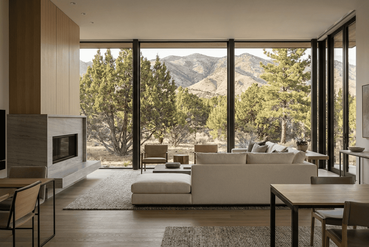 Spacious living room with large windows showcasing mountain views.